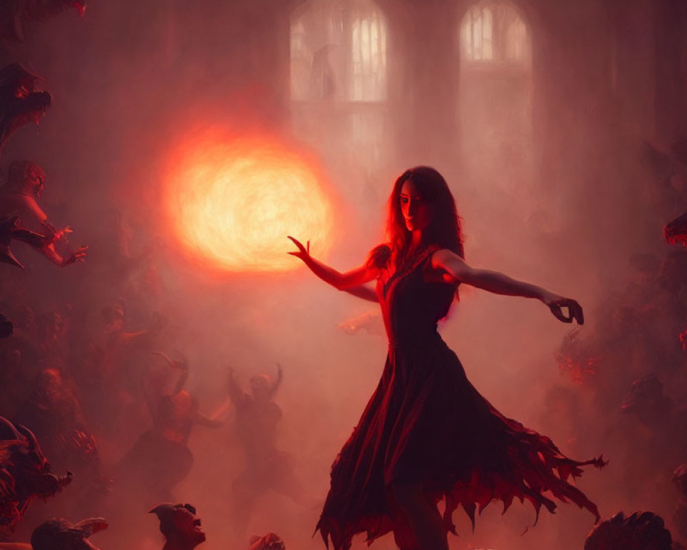 Woman in dark dress summons fiery orb with shadowy figures in misty, red-hued setting