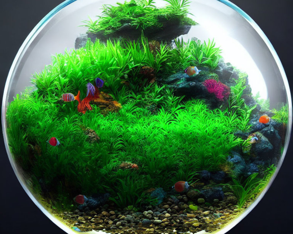 Colorful Fish and Lush Plants in Spherical Aquarium