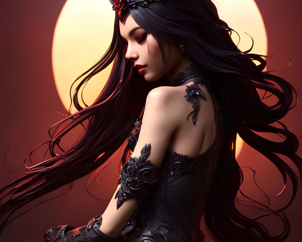 Digital illustration: Woman with long hair, dark dress, headpiece, large moon.