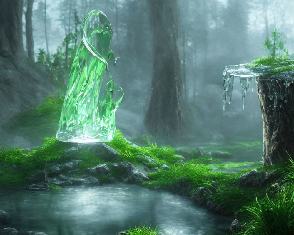 Translucent Green Cloaked Figure in Enchanting Forest Pond