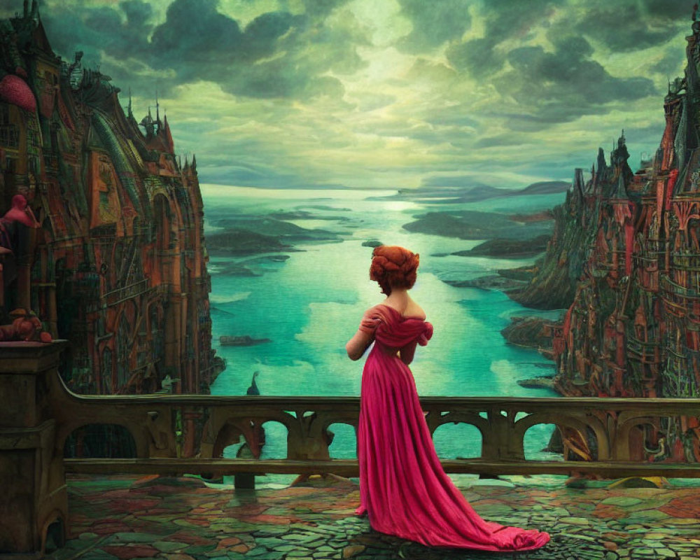 Woman in red dress on balcony with fantastical cityscape and sea view