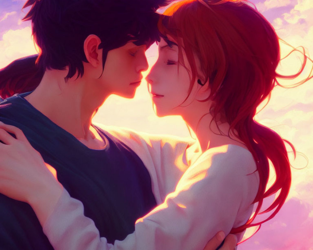 Animated boy and girl with flowing hair share tender moment under pink sky