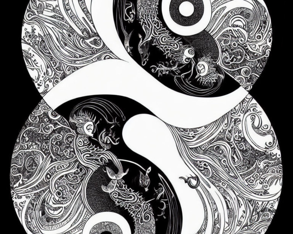 Detailed Black and White Yin-Yang Symbol with Intricate Patterns