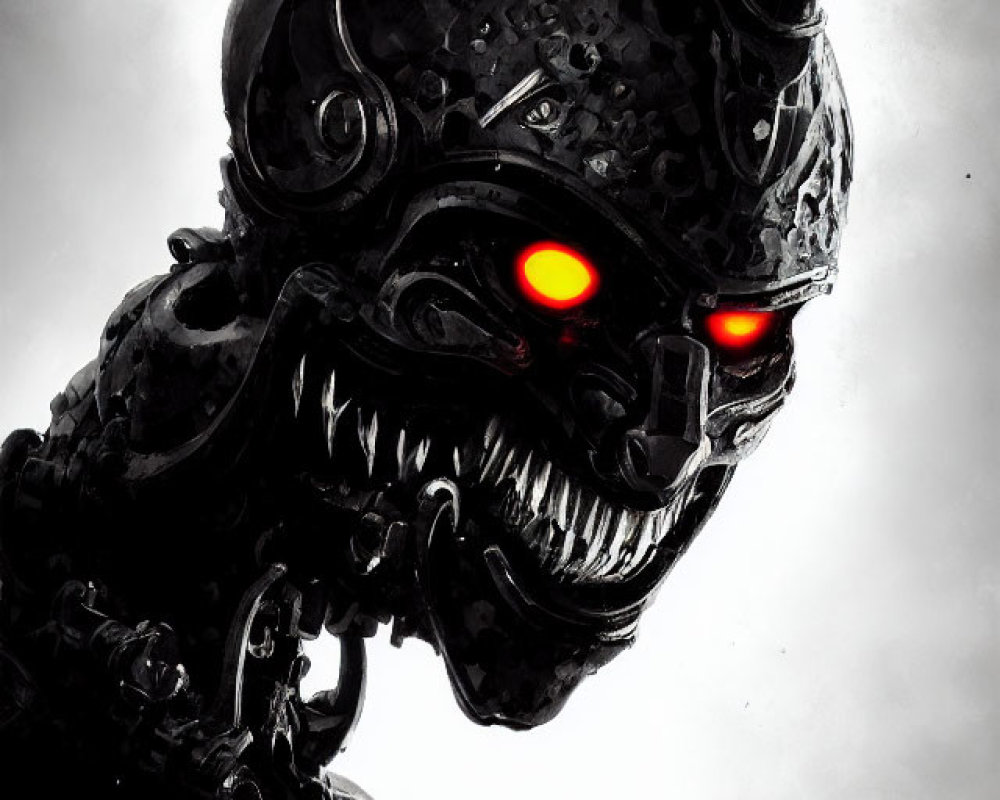 Menacing robotic skull with glowing red eyes under dark sky