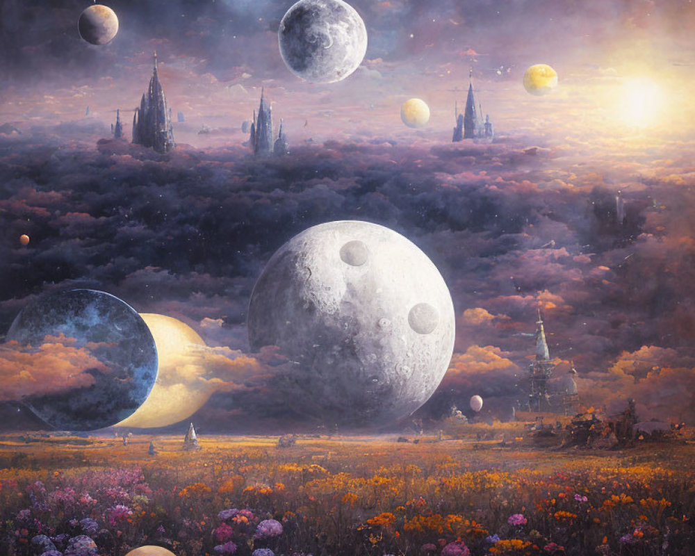 Surreal landscape with multiple moons, flower-filled field, and spired buildings.