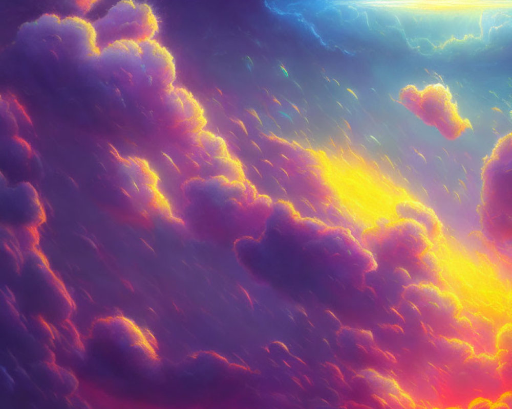 Dramatic purple and orange clouds with radiant light source piercing through