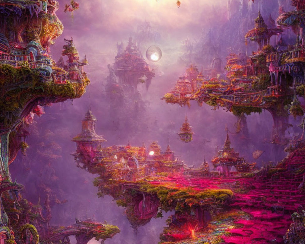 Vibrant mossy floating islands with ornate buildings in fantastical landscape