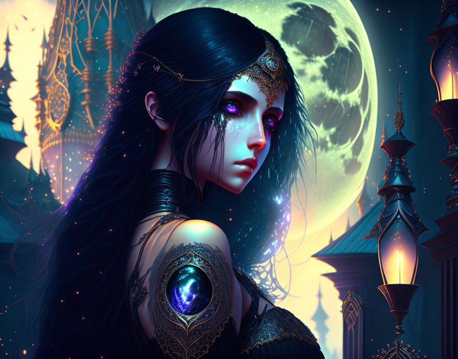 Fantastical female figure with blue eyes and gold jewelry under full moon.