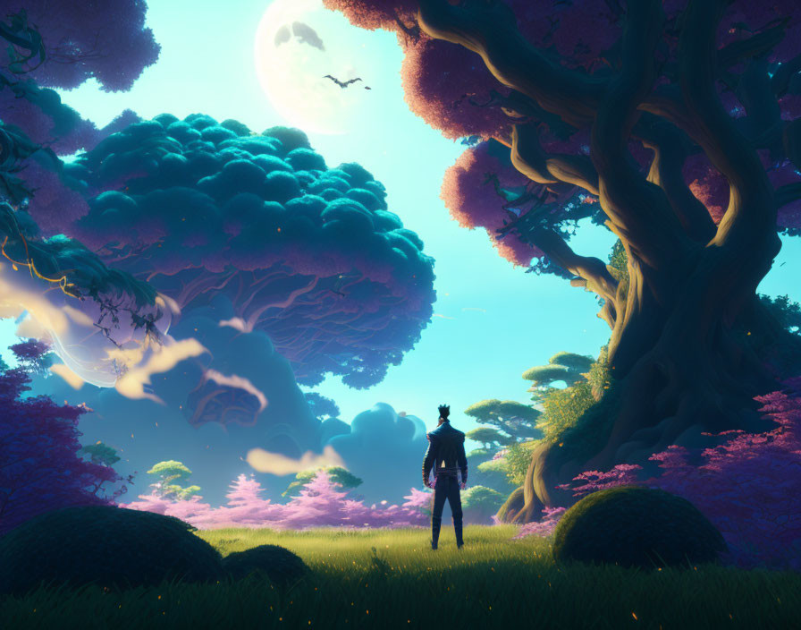 Silhouetted figure in vibrant fantasy forest with oversized trees and pink-purple sky