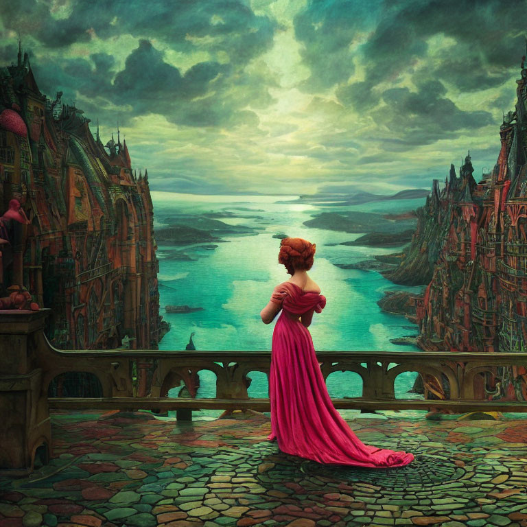 Woman in red dress on balcony with fantastical cityscape and sea view