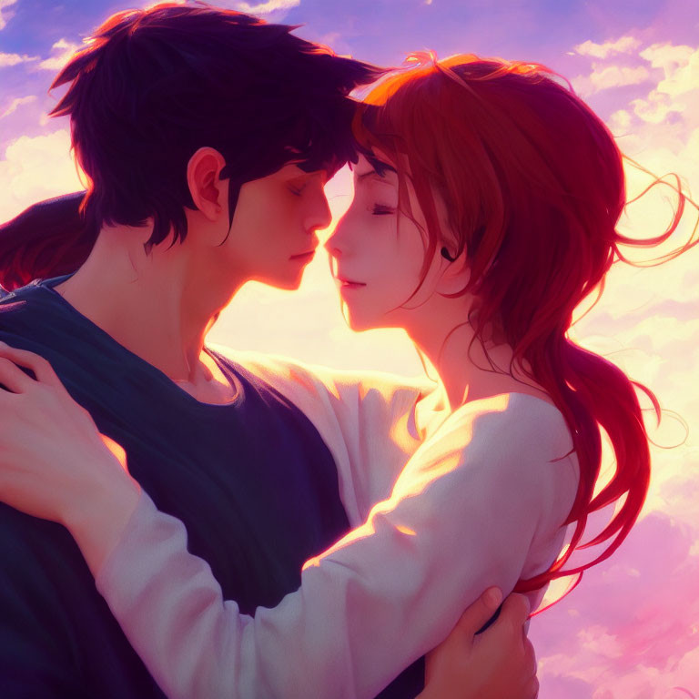 Animated boy and girl with flowing hair share tender moment under pink sky