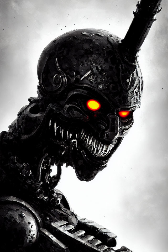 Menacing robotic skull with glowing red eyes under dark sky