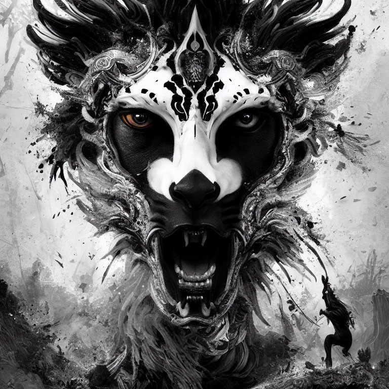 Monochrome artistic depiction of fierce mythical lion with intricate facial markings and small human figure.