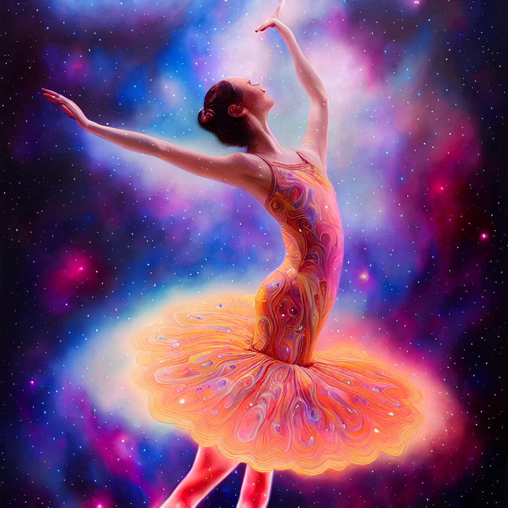 Vibrant swirling dress ballerina dances in cosmic backdrop