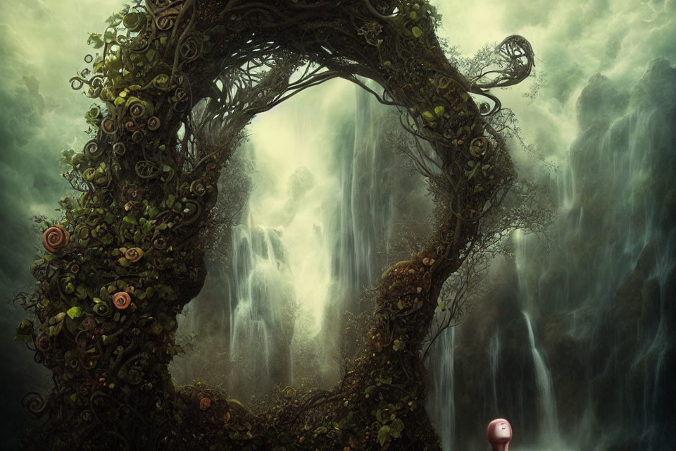 Enchanted archway with twisted vines and mystical waterfall in foggy forest