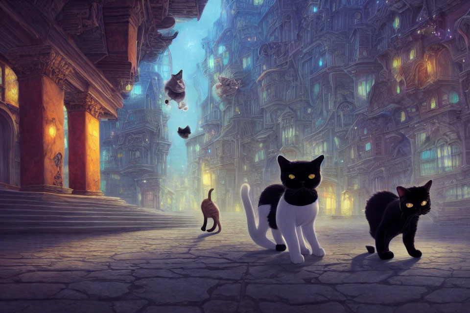 Whimsical black cats in mysterious foggy cityscape