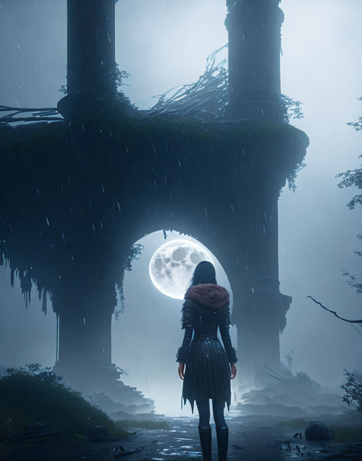 Person standing before ancient ruins in moonlit rainstorm