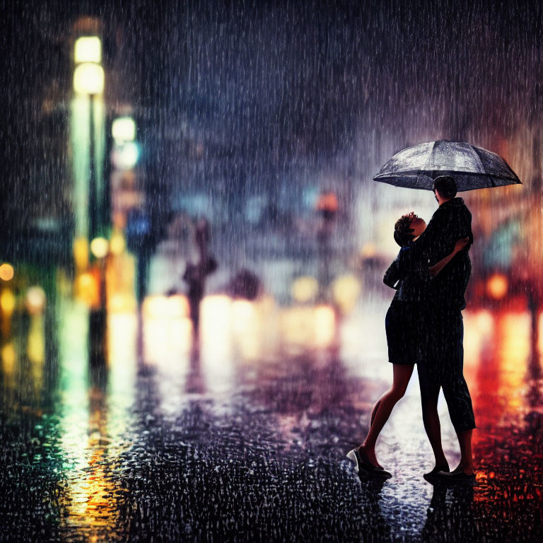 Couple embracing under umbrella in rain-drenched city street