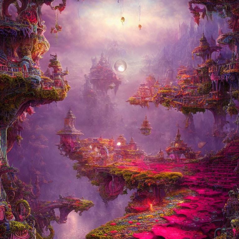 Vibrant mossy floating islands with ornate buildings in fantastical landscape