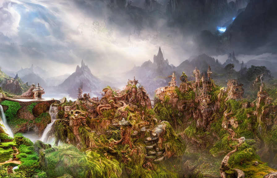 Fantastical landscape with ancient ruins, lush greenery, towering peaks, waterfalls, and dramatic