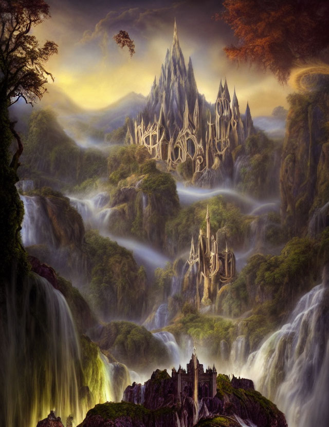 Majestic fantasy landscape with waterfalls, mountain, castles, and yellow sky