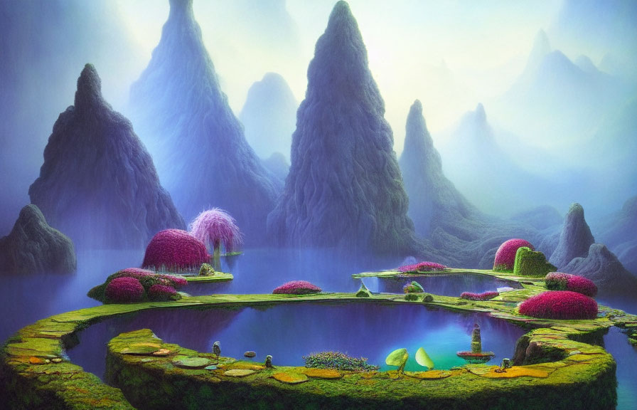 Fantastical landscape with towering spires, serene lake, vibrant flora, tents on grassy island