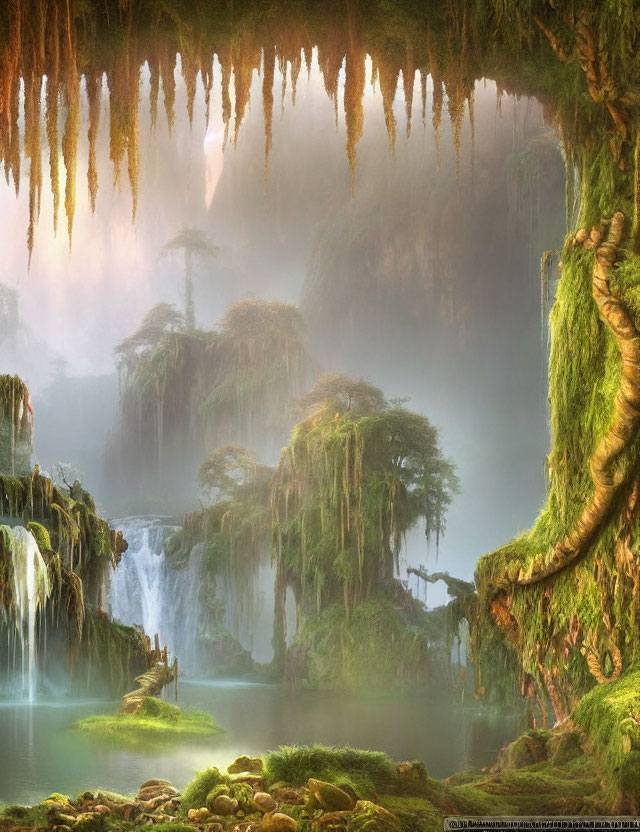 Moss-covered trees, waterfalls, misty lake in cave.