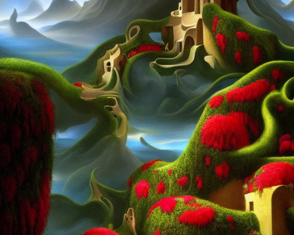 Fantastical landscape with red-flowered hills, whimsical houses, and ominous sky