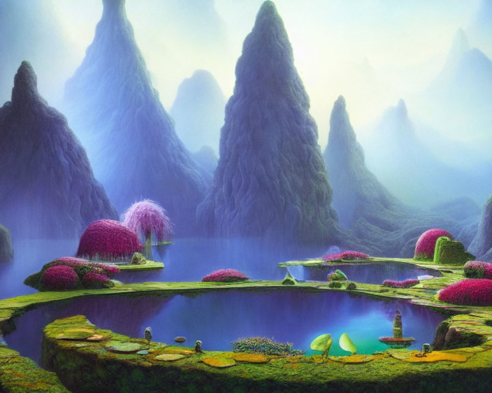 Fantastical landscape with towering spires, serene lake, vibrant flora, tents on grassy island