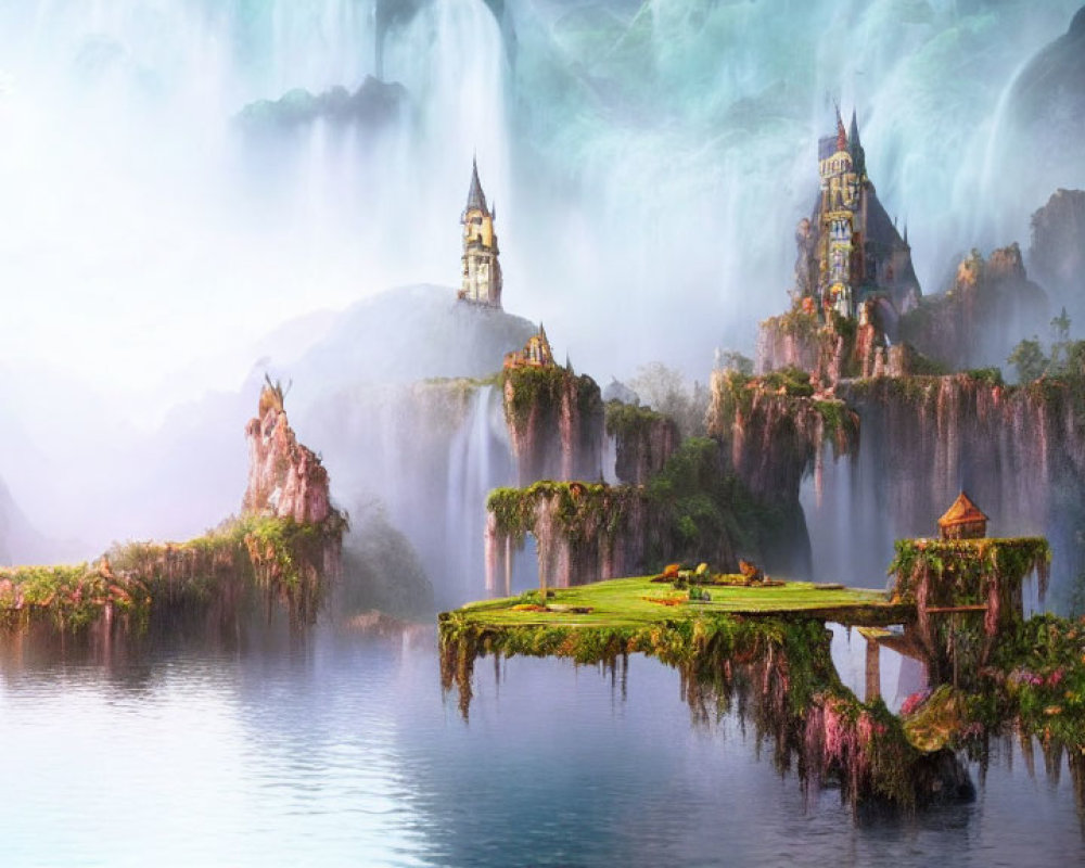 Fantastical landscape with floating islands, waterfalls, castles, mountains, and lake