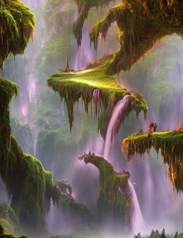 Fantastical forest landscape with floating islands and waterfalls