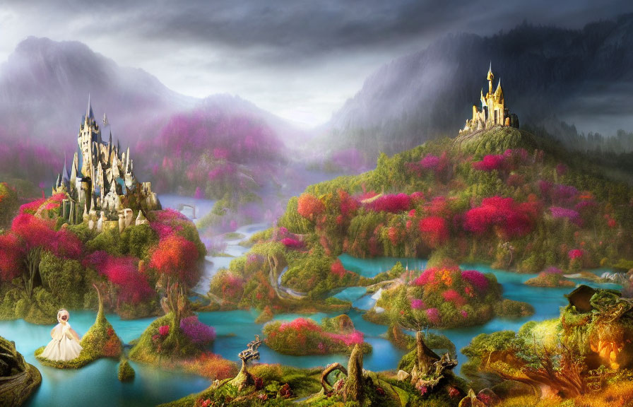 Majestic castle in lush landscape with misty mountains and serene lake