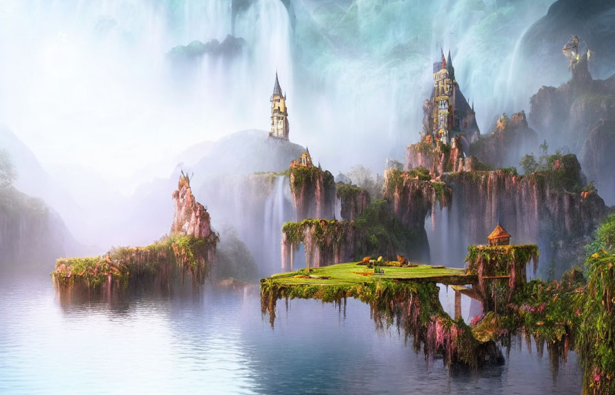 Fantastical landscape with floating islands, waterfalls, castles, mountains, and lake