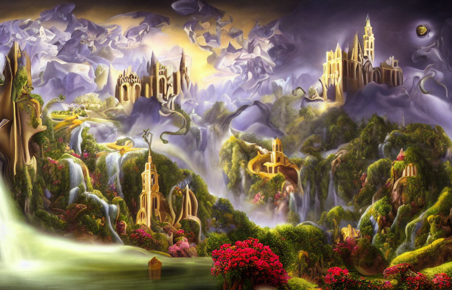 Ethereal landscape with castles, waterfalls, lush flora, and twilight sky