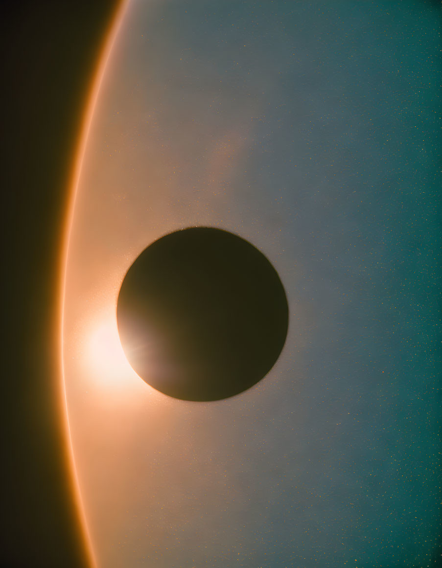 Planet transits star with bright corona against starry background