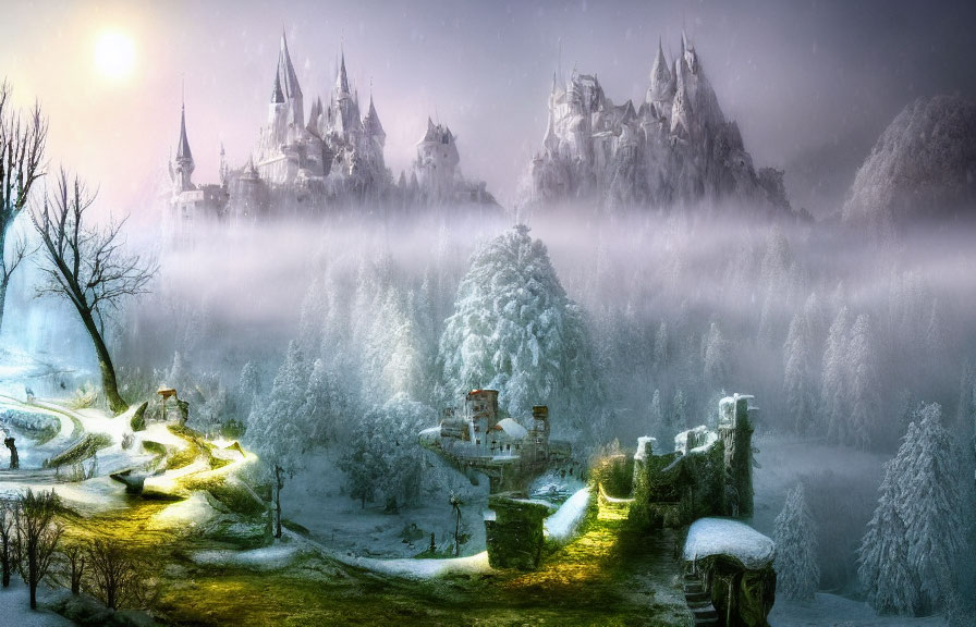 Winter landscape: castle, frost-covered trees, winding path, ruins, glowing sunset