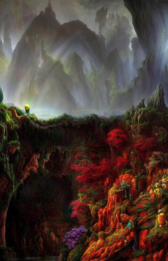 Vibrant flora, misty mountains, and deep chasms in fantastical landscape