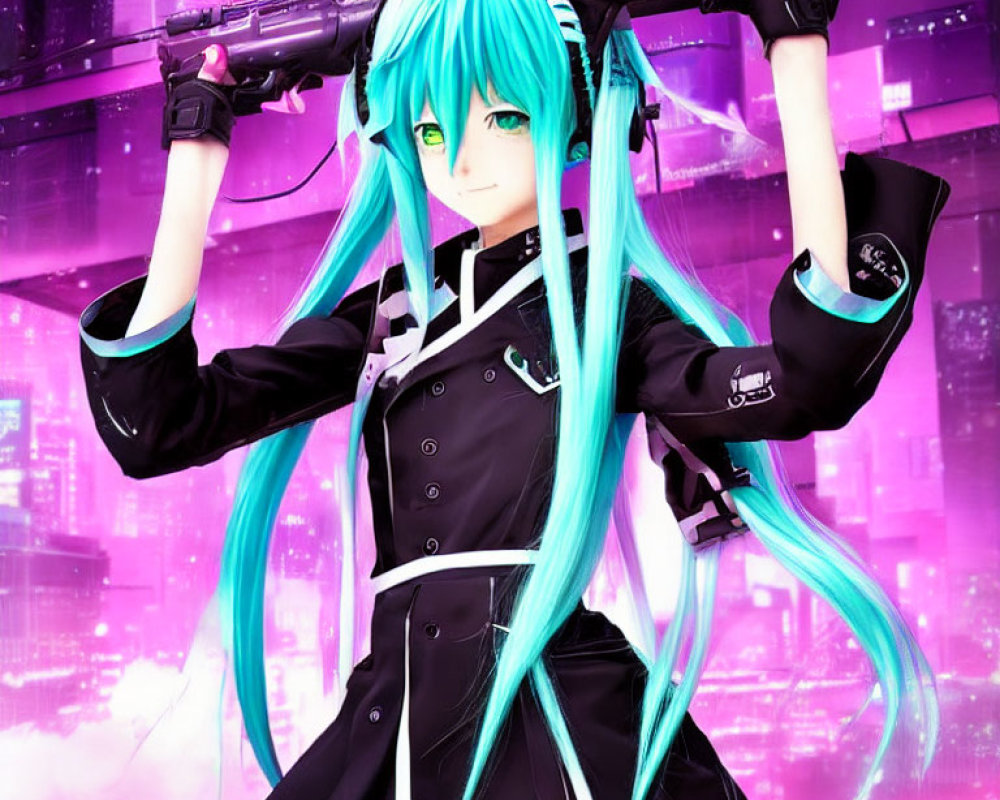 Female anime character with teal hair and futuristic gun in cyberpunk city.