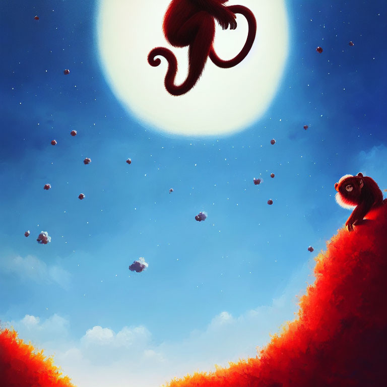 Whimsical monkey illustration on red hill with giant monkey silhouette in sky