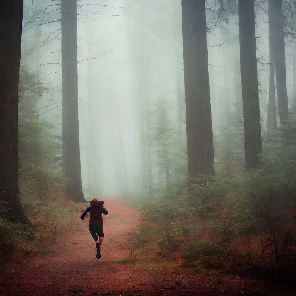 Red Hoodie Jogger in Misty Forest with Tall Trees