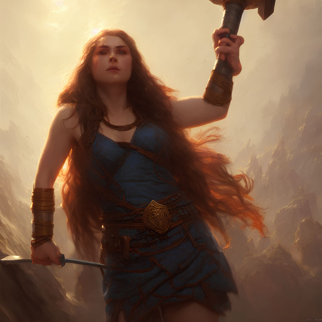 Warrior woman with red hair in blue dress and armor wields hammer and sword.