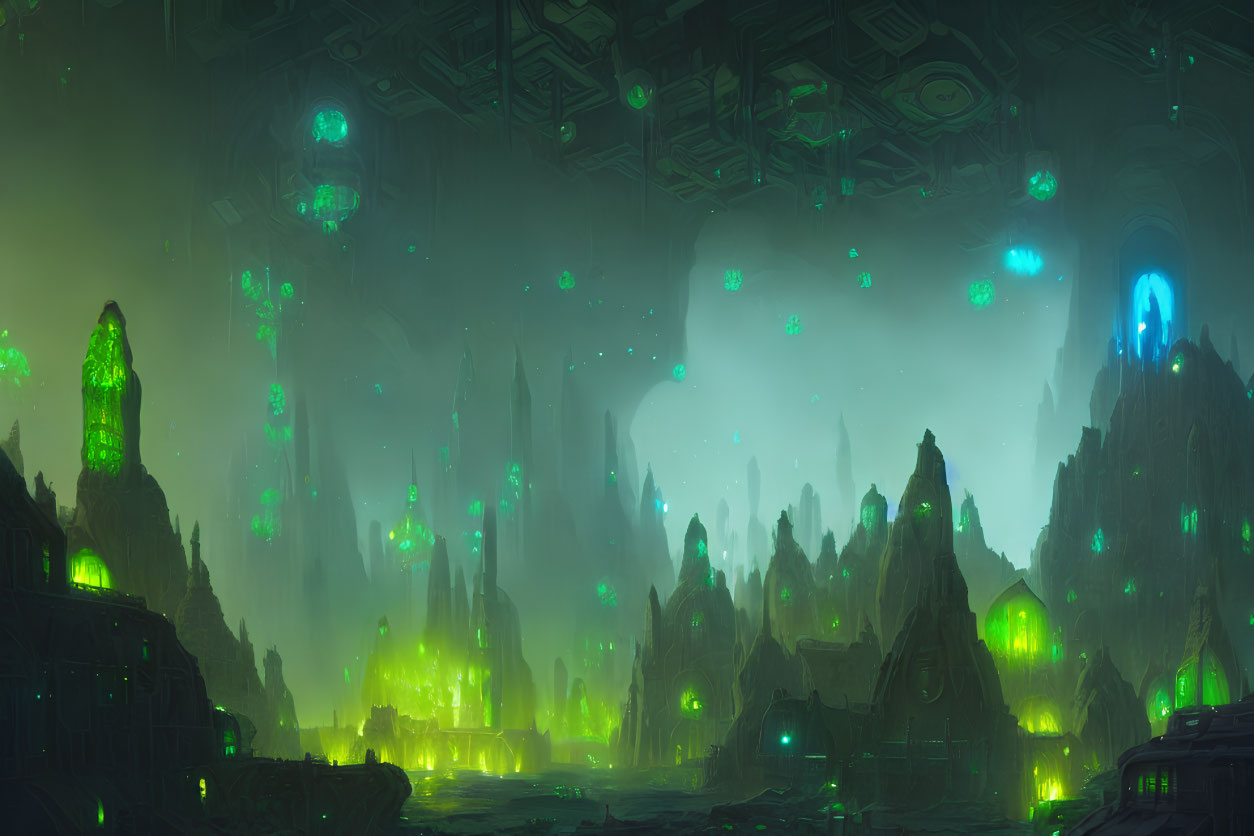 Ethereal cavern landscape with glowing green crystals and floating orbs