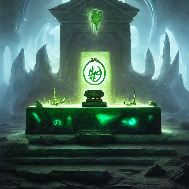 Mystical green altar with glowing symbols in eerie cave