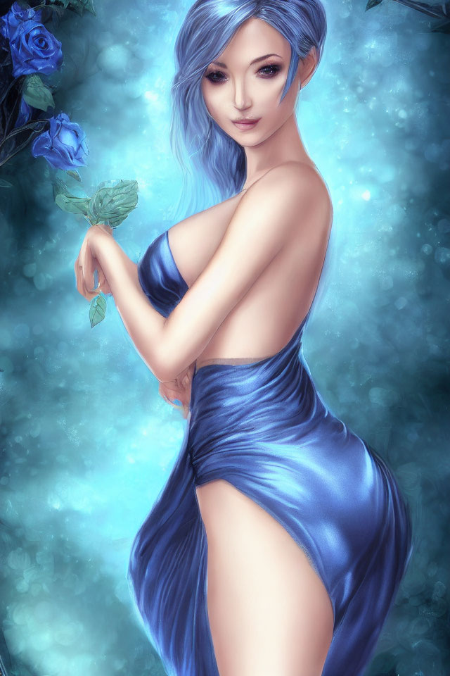 Woman with Blue Hair Holding Rose in Flowing Blue Dress on Mystical Background