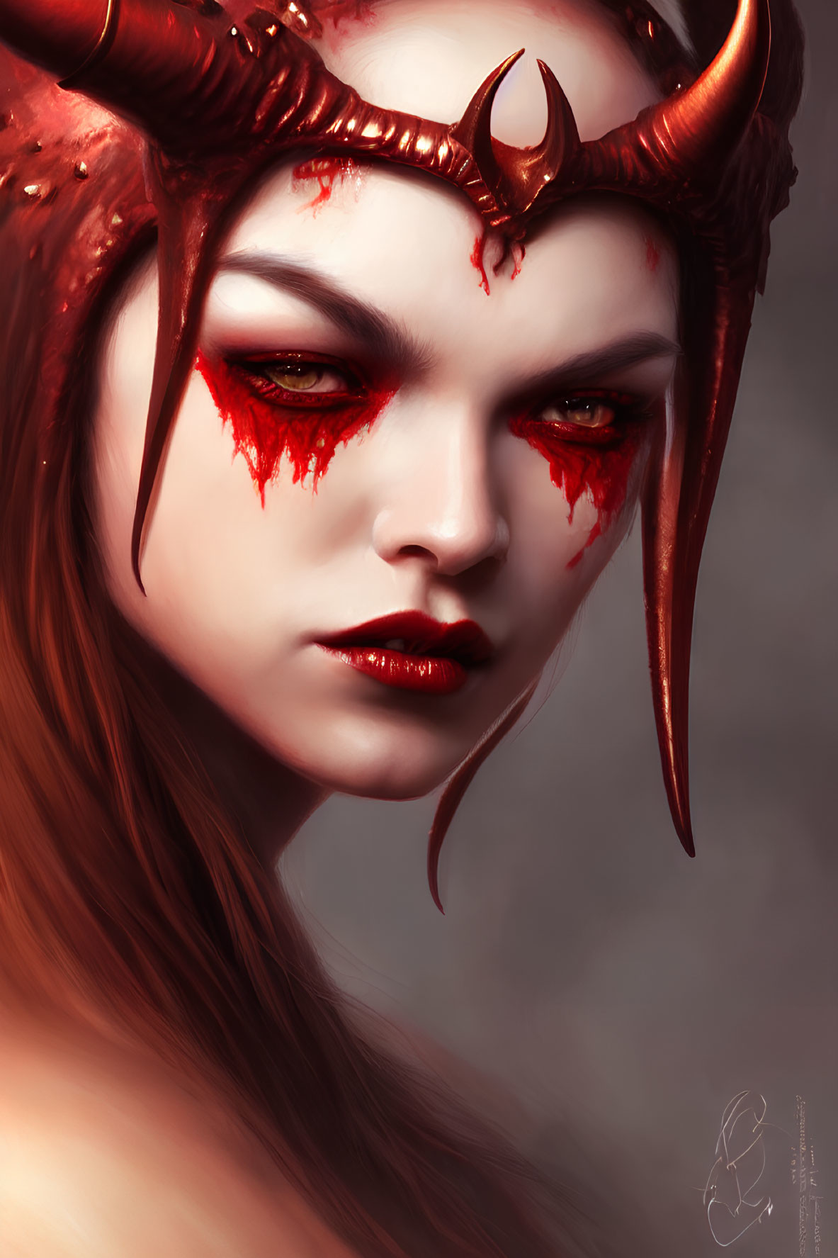 Female figure with pale skin, red eyes, striking red makeup, and large curved horns.