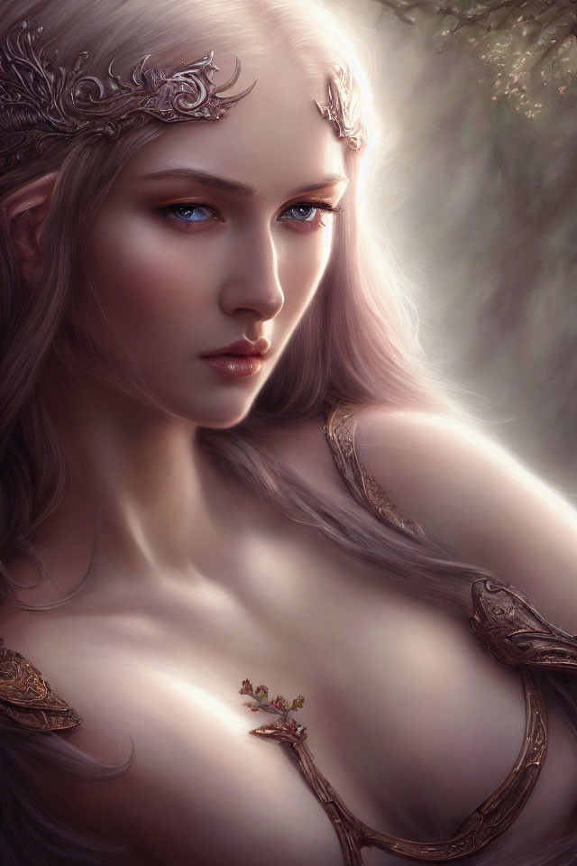 Ethereal female figure with blue eyes and silver hair in elven tiara and armor.