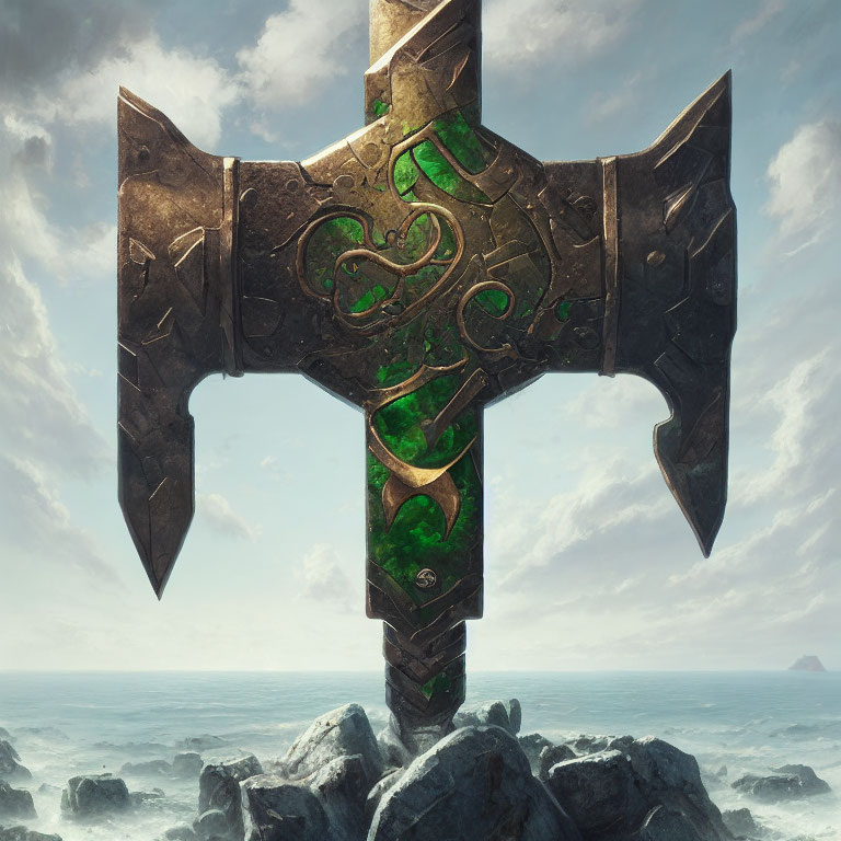 Large ornate stone hammer with glowing green patterns against cloudy sky and rocky shoreline