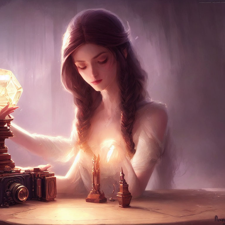 Woman with braided hair touching glowing crystal on books with chess pieces illuminated