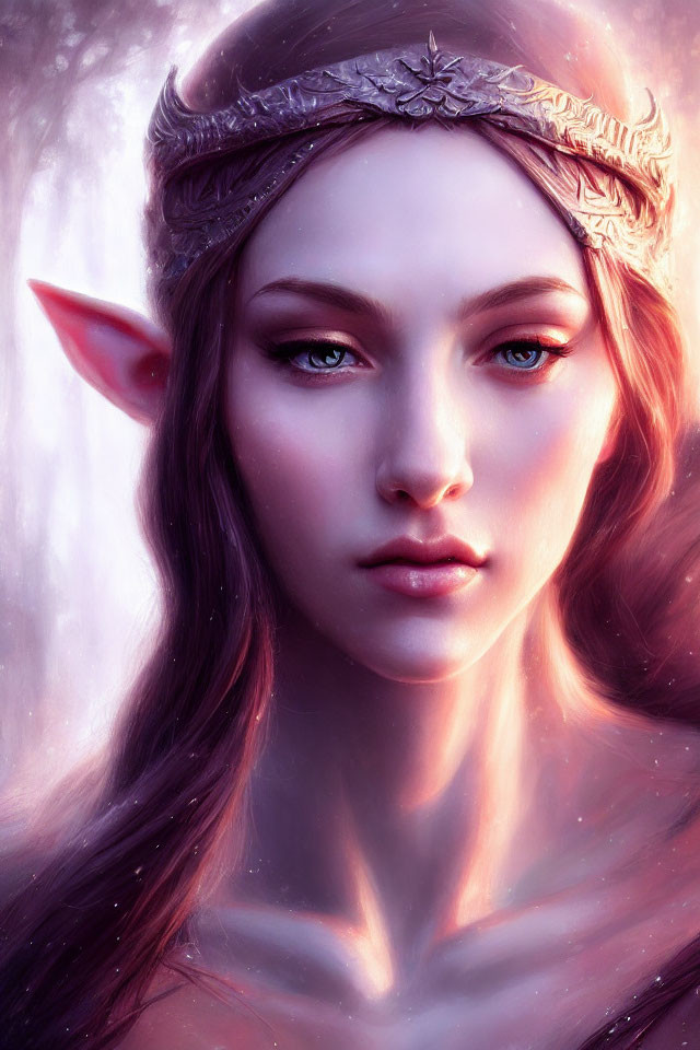 Ethereal female elf with silver tiara in purple glow