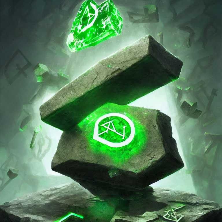 Green Glowing Runes on Floating Stones in Ethereal Misty Setting